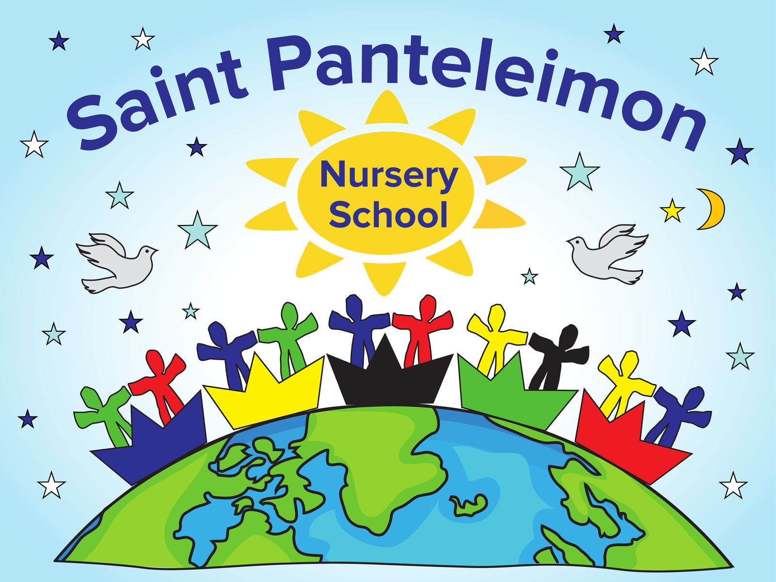 Saint Panteleimon Nursery School logo: children of different colours stand together above a green and blue Earth, with a bright yellow sun and doves